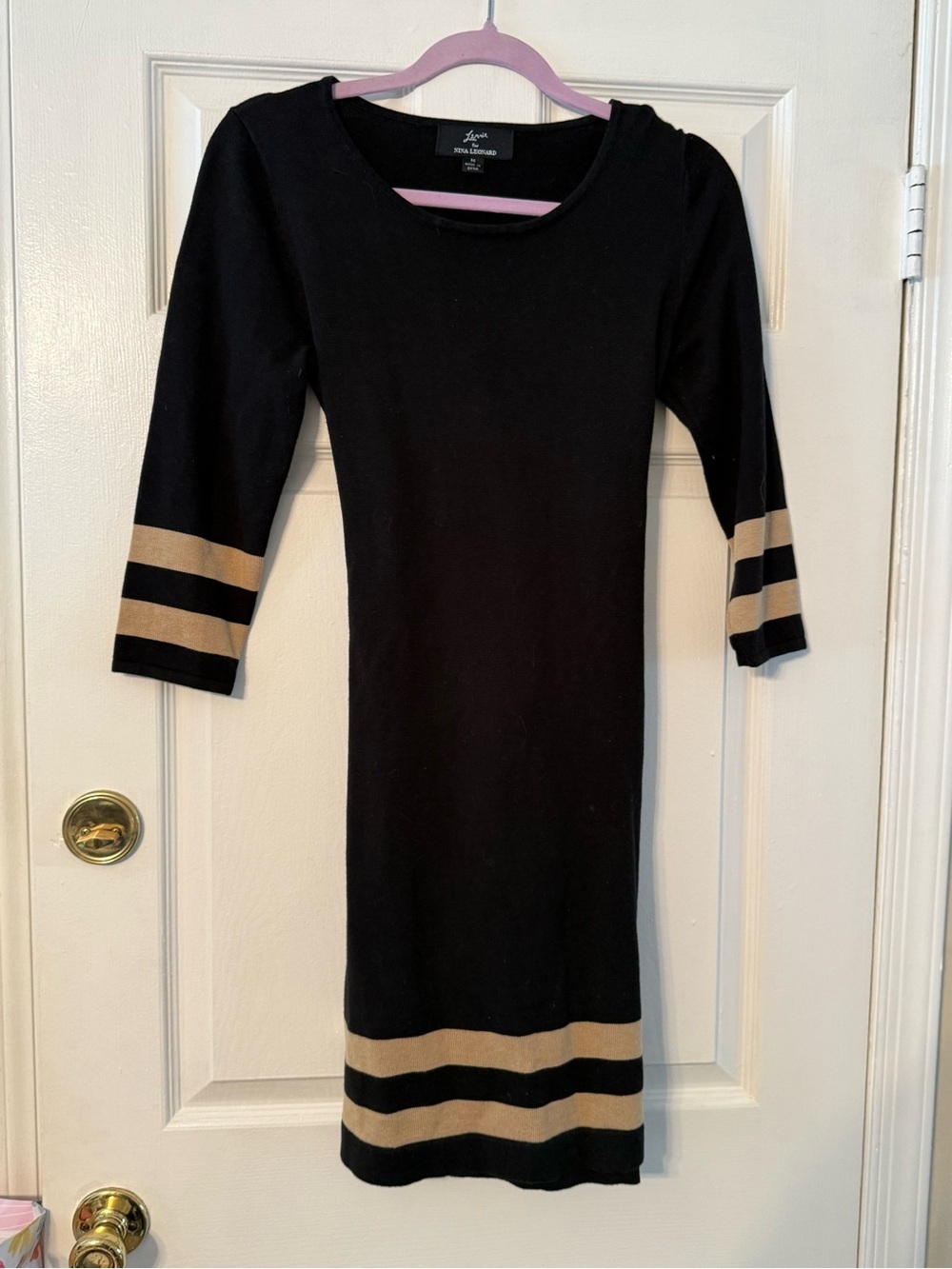 Nina Leonard Black Midi Dress with Tan Stripe Accents